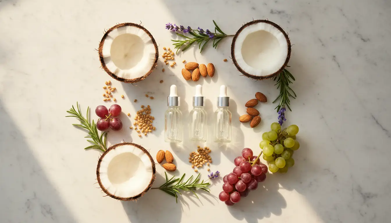 Coconut halves, dropper bottles, grapes, and nuts arranged on marble surface in natural light