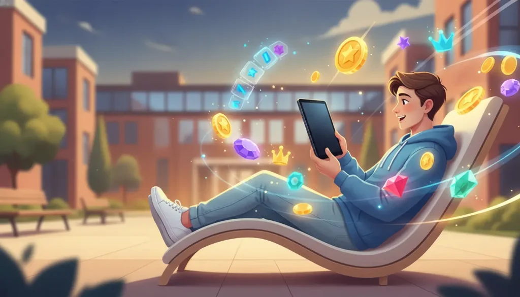 Young person on lounge chair using tablet with floating digital coins and gemstones in outdoor courtyard