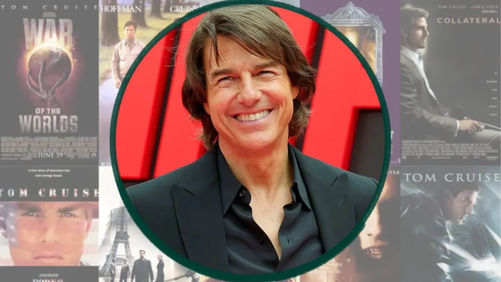 smiling portrait of actor Tom Cruise in a green circular frame, overlaid on a backdrop of his movie posters