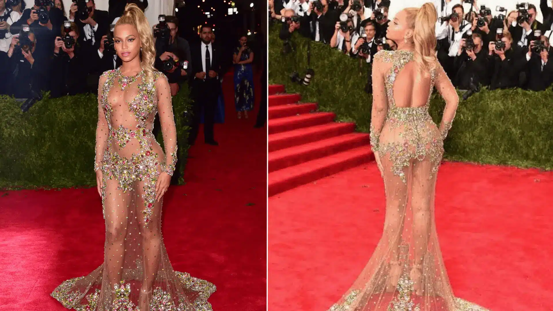Beyoncé wearing a sheer crystal-covered gown by Givenchy at the Met Gala 2015.