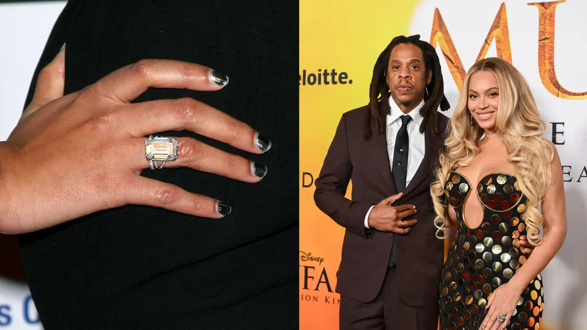Beyoncé's emerald-cut diamond engagement ring shown beside a photo of her and Jay-Z