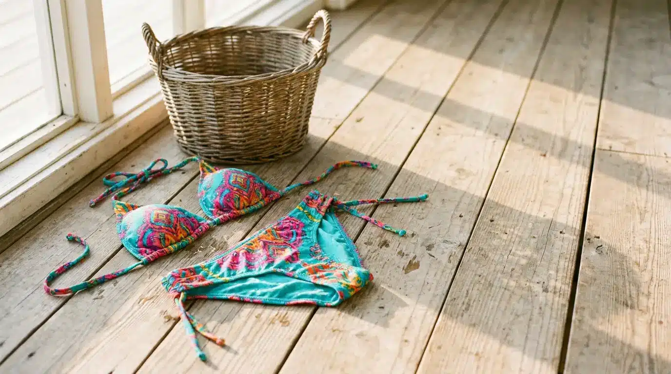Colorful bikini set on sunlit wooden floor beside woven basket