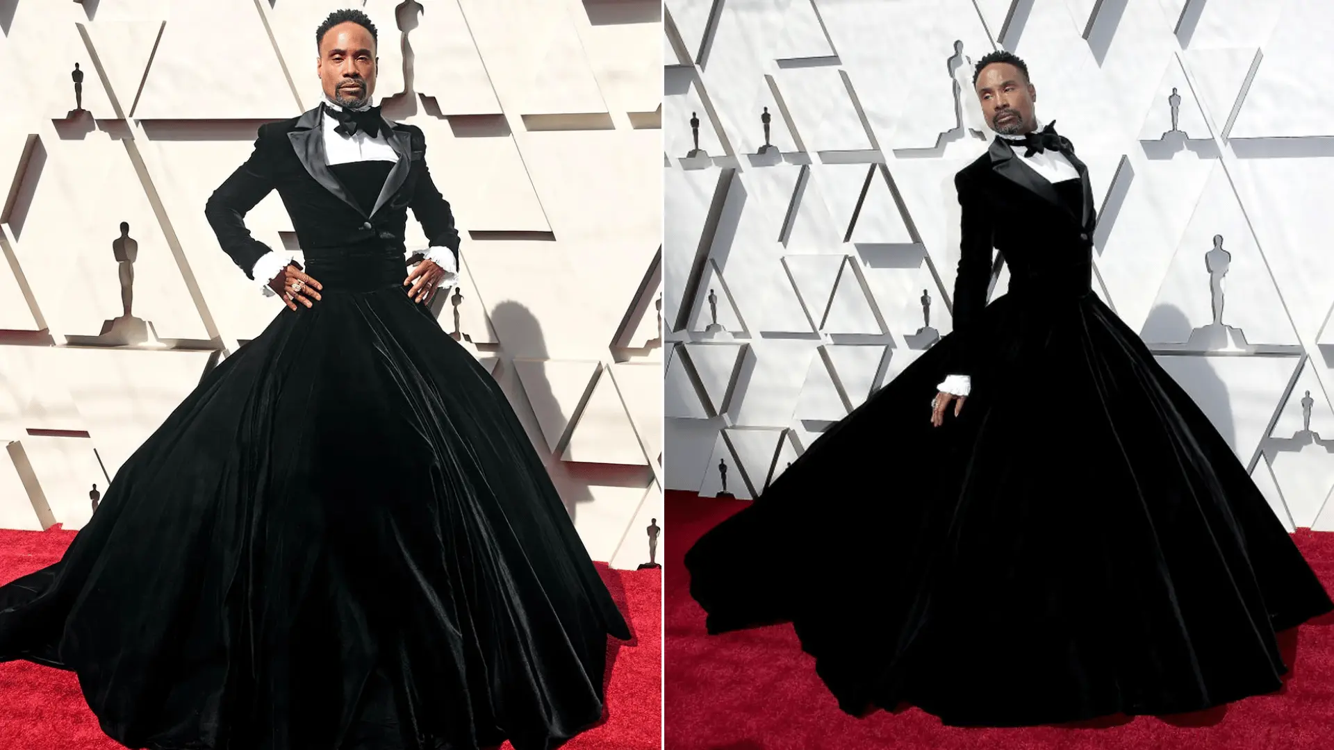Billy Porter wearing a black velvet Christian Siriano tuxedo gown on the red carpet at the 2019 Oscars.