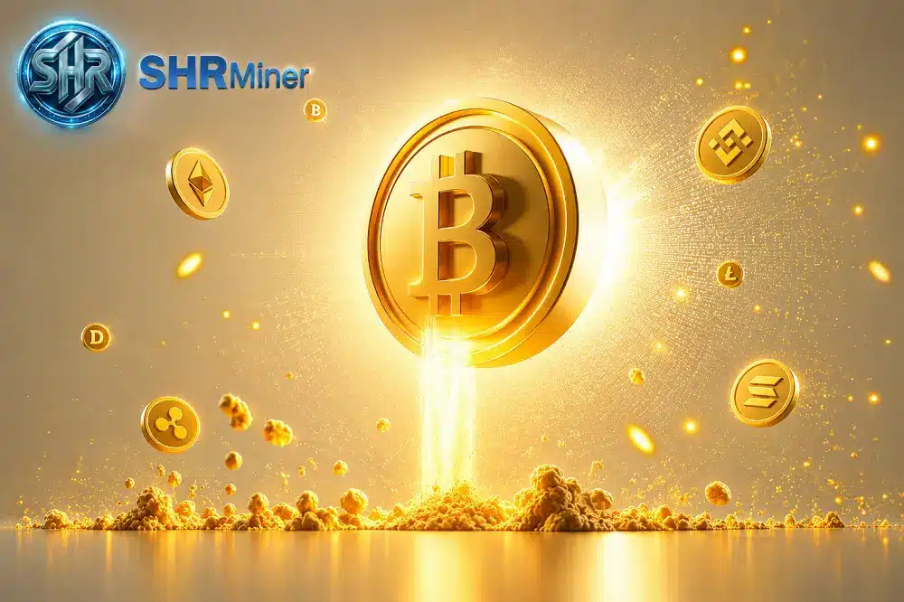Golden Bitcoin symbol radiating light surrounded by various cryptocurrency icons in a warm-toned digital environment