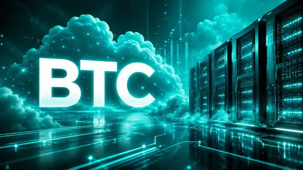 BTC letters and digital cloud with glowing server racks in futuristic teal setting
