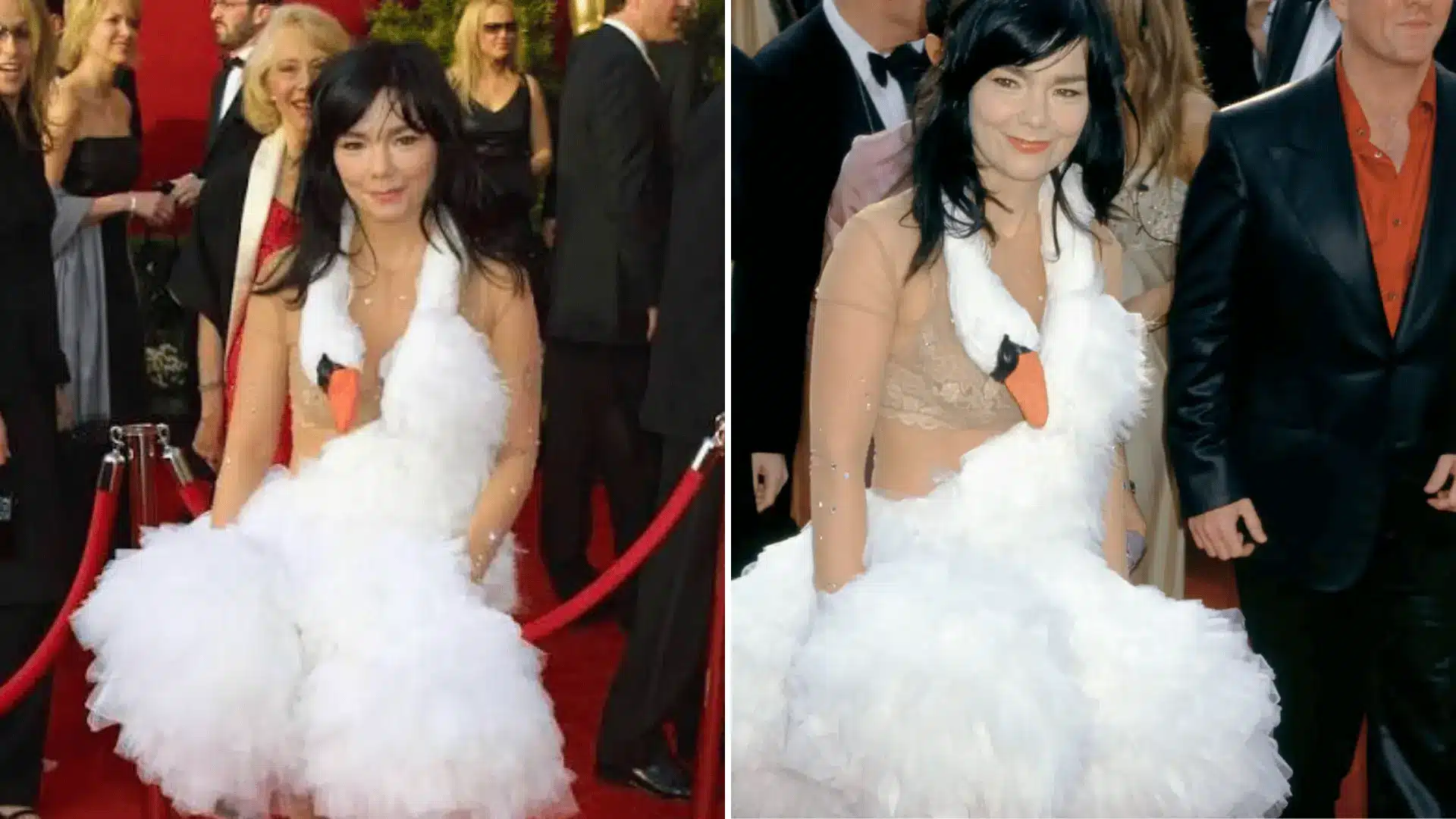 Björk wearing her white swan dress on the red carpet at the 2001 Oscars.