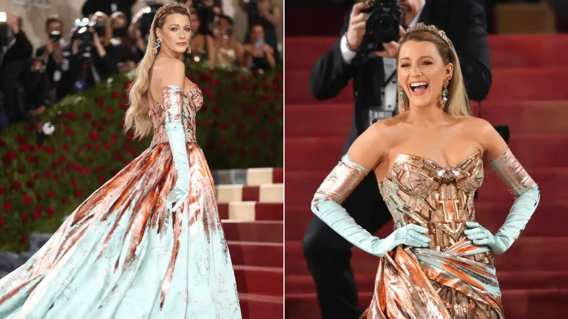 Blake Lively wearing a transforming gown by Atelier Versace at the Met Gala 2022.