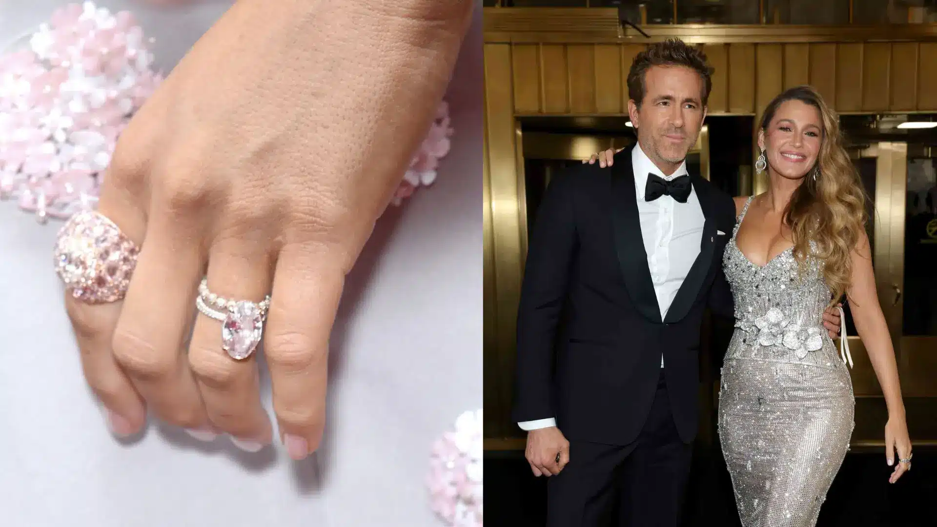 Blake Lively wearing her rare pink oval diamond engagement ring beside a photo with Ryan Reynolds