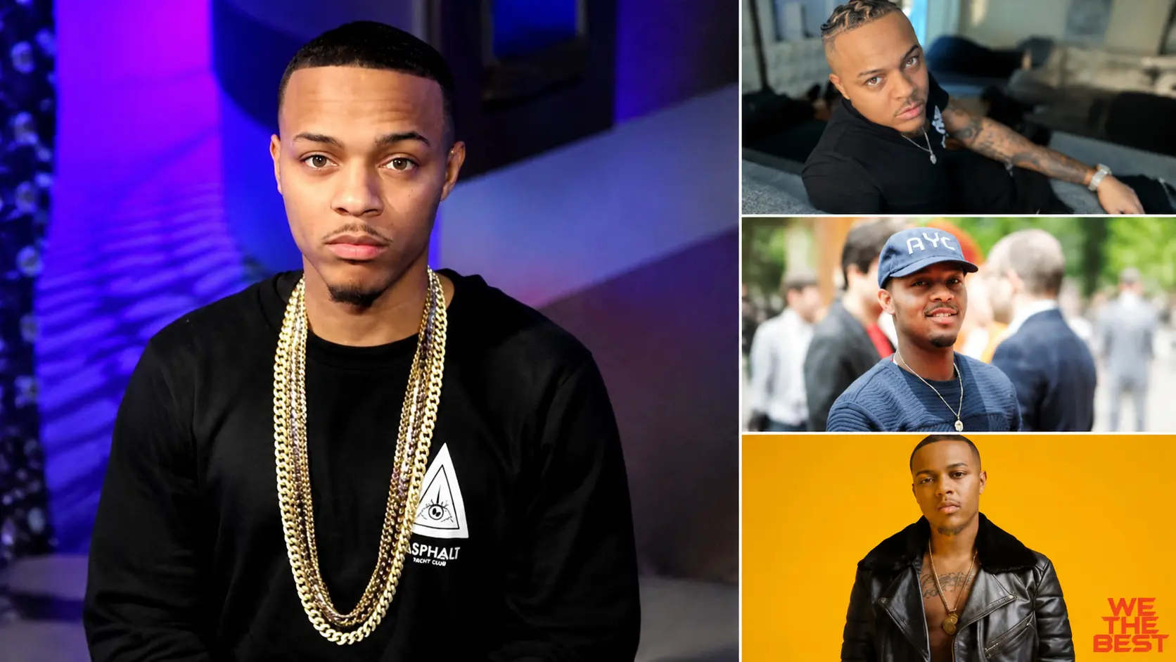 Collage of Bow wow showing different outfits with gold chains tattoos caps and leather jacket styles in photos