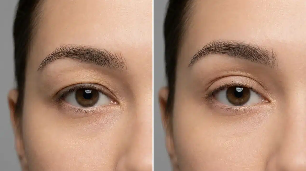 Side-by-side close-up showing lower brow position versus higher brow position and visible eyelid space difference