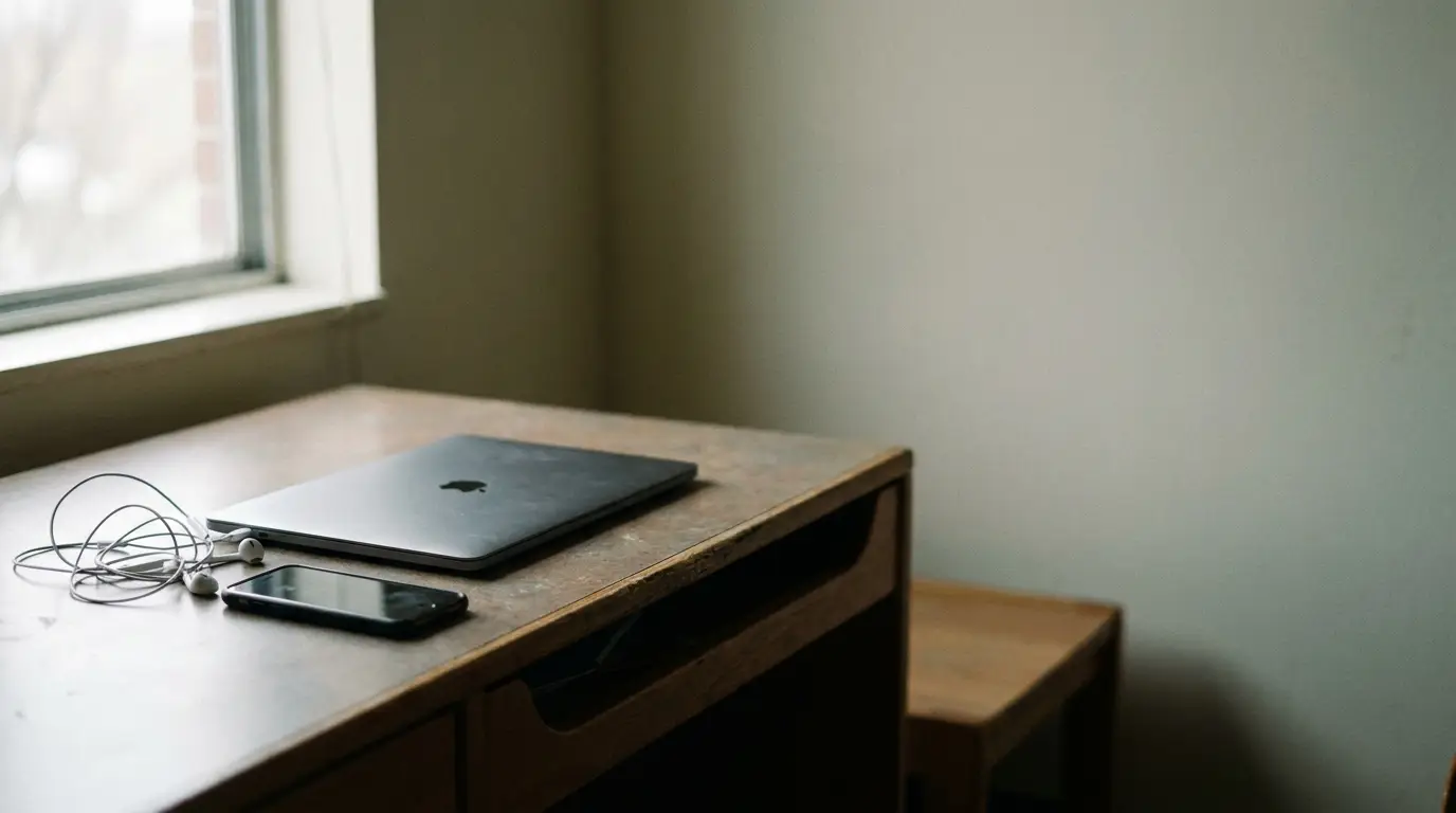 Laptop, smartphone, and earphones on a wooden desk near a window in natural light