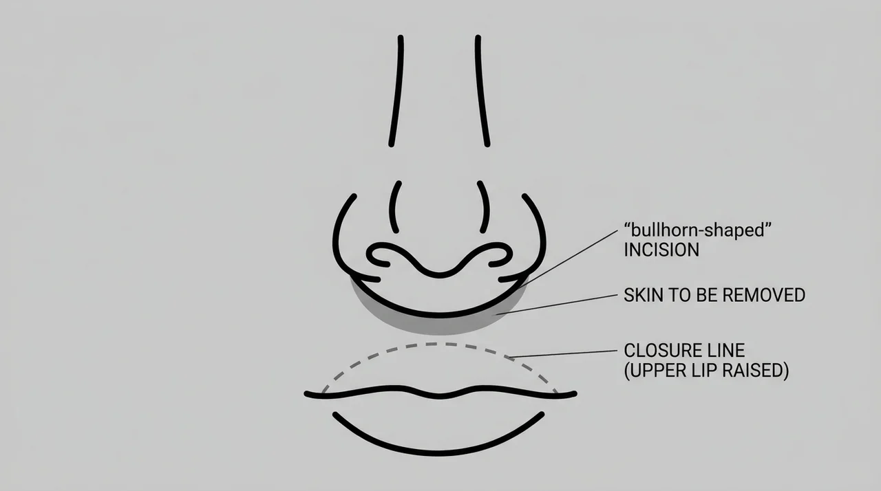 Diagram of curved incision beneath the nose showing skin strip marked for a bullhorn lip lift.