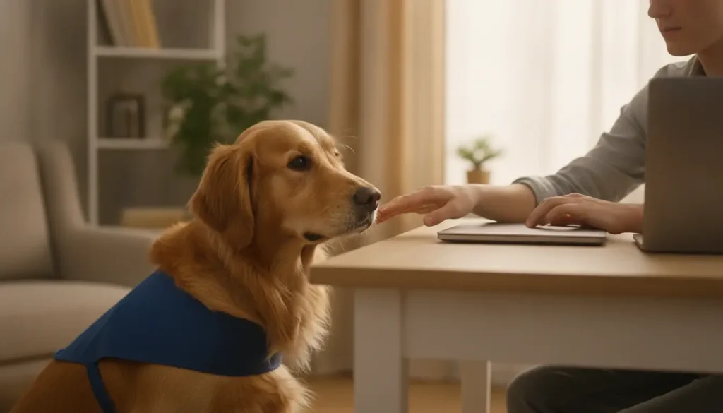 Golden retriever in blue vest sitting by person at desk with laptop in cozy living room