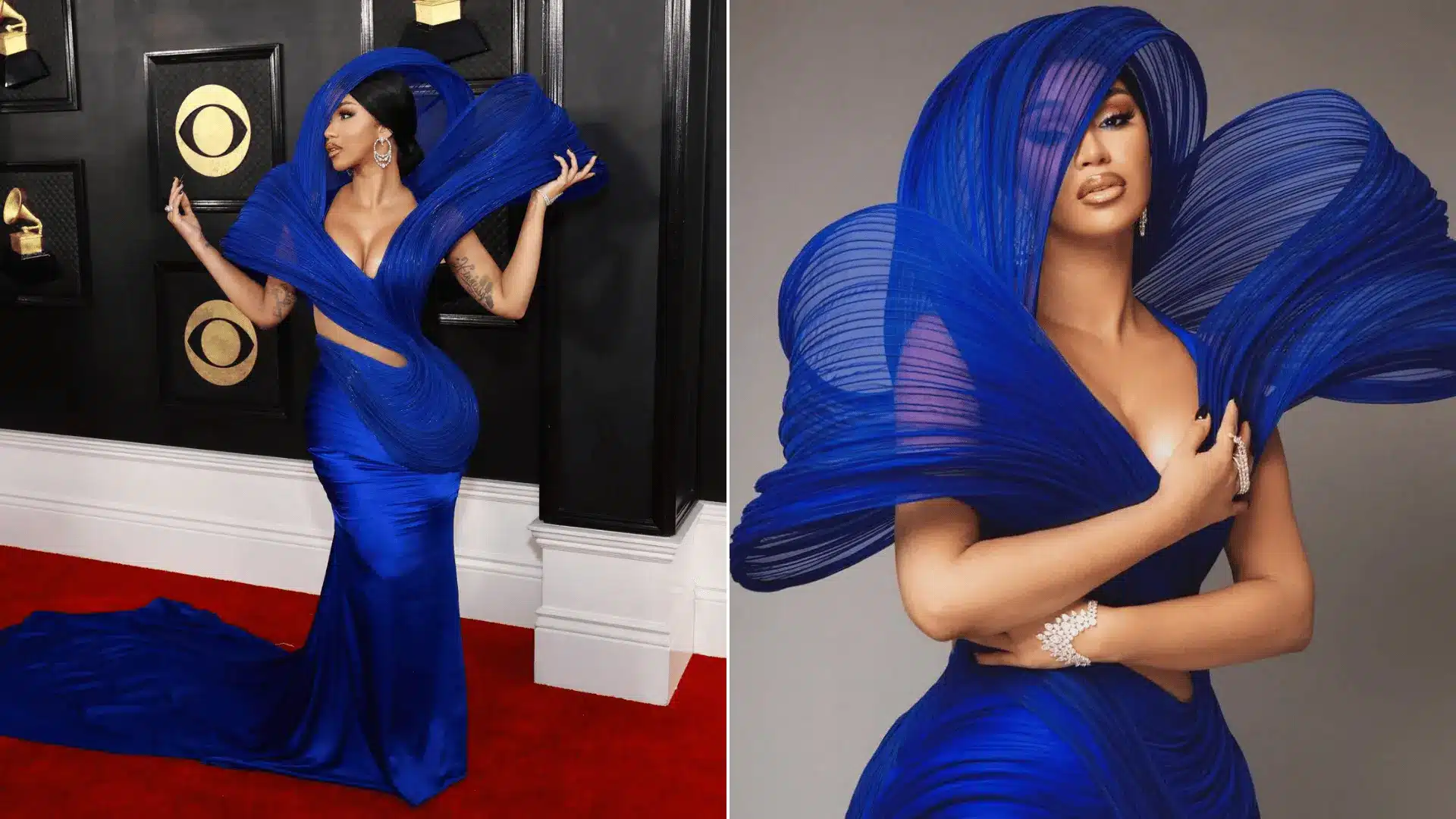 Cardi B wearing a sculptural blue gown by Indian designer Gaurav Gupta at the Grammy Awards 2023.