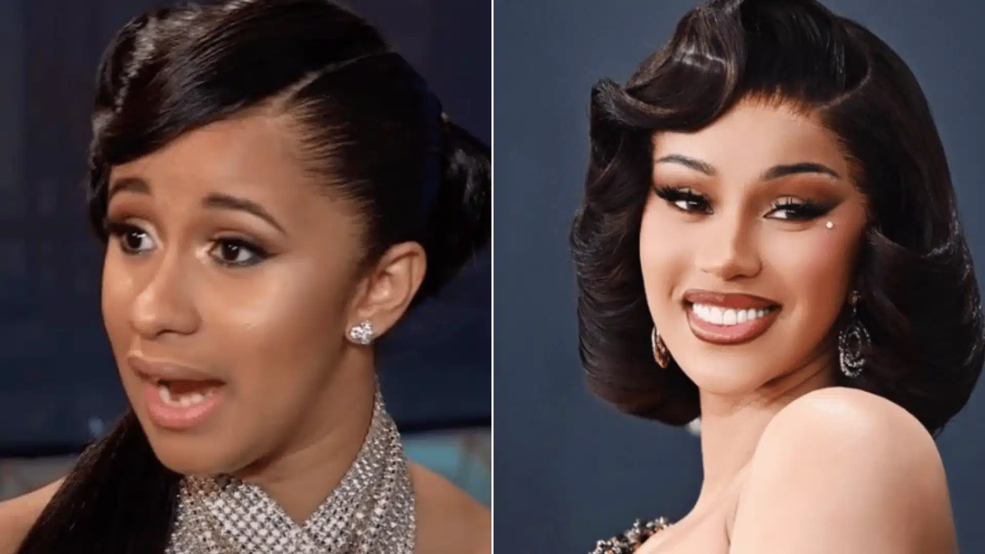 Cardi B smiling in two portraits, with uneven upper front teeth on the left and a straighter, more uniform tooth line on the right