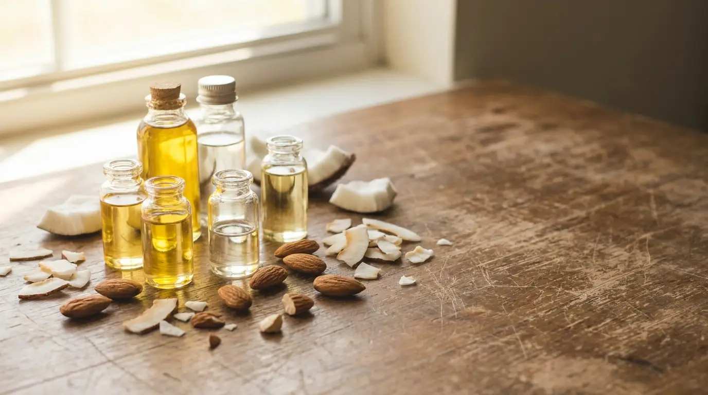 Glass bottles of oil with almonds and coconut flakes on rustic wooden table