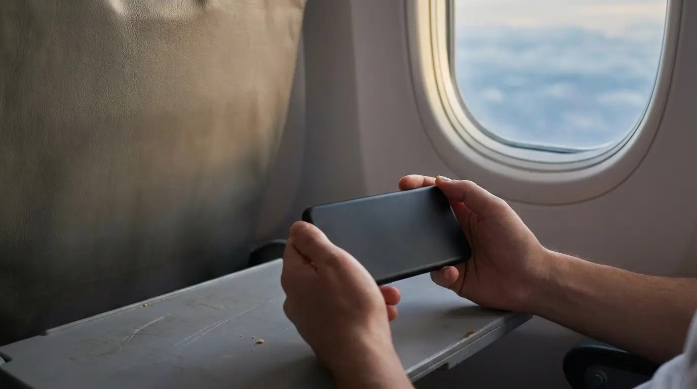 Person holding smartphone on airplane tray table next to window with sky view
