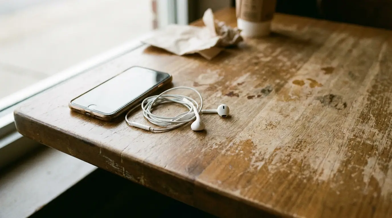 Smartphone and earbuds on rustic wooden table near window in natural light