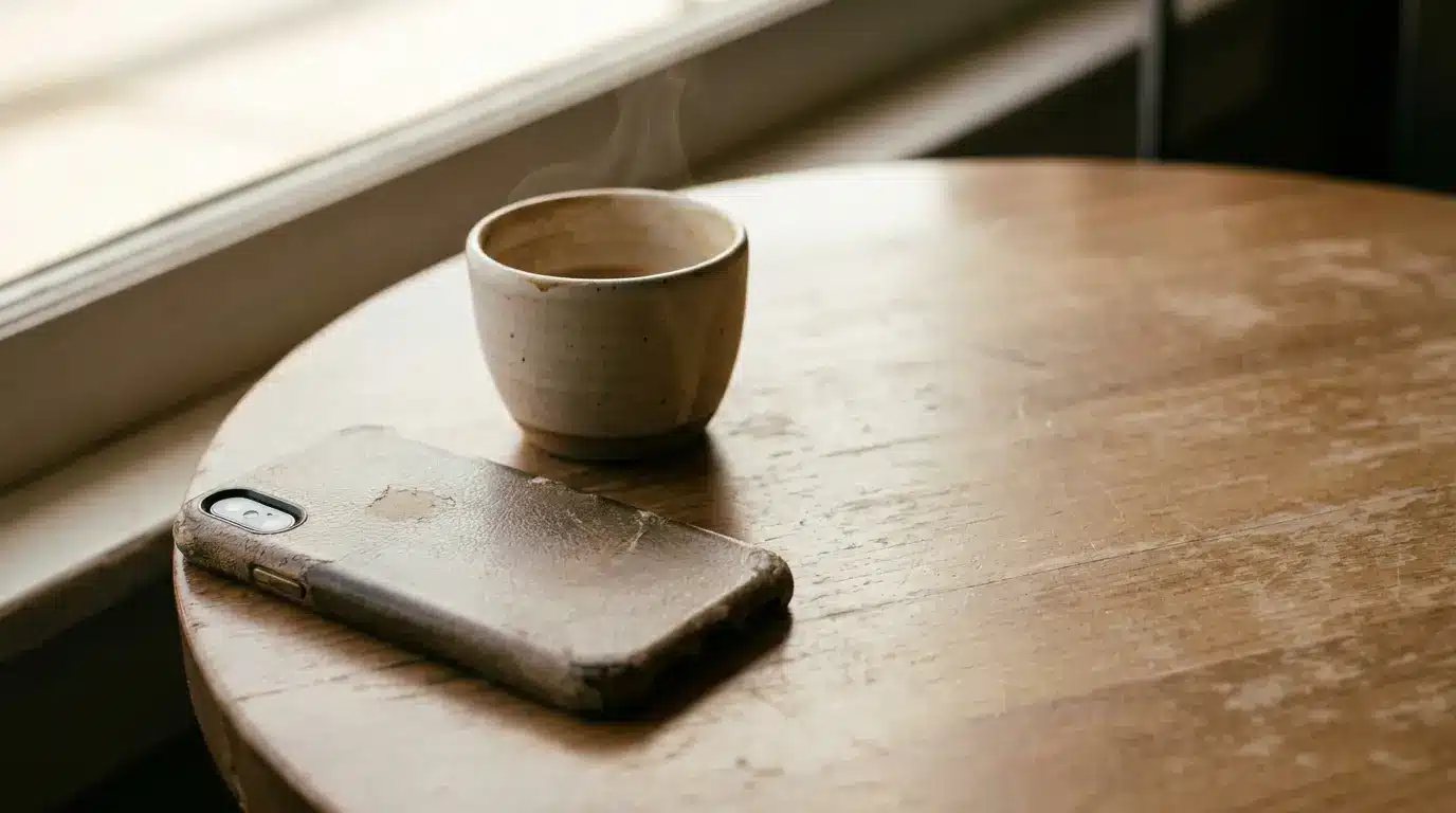 Steaming ceramic cup and smartphone on rustic wooden table by a window