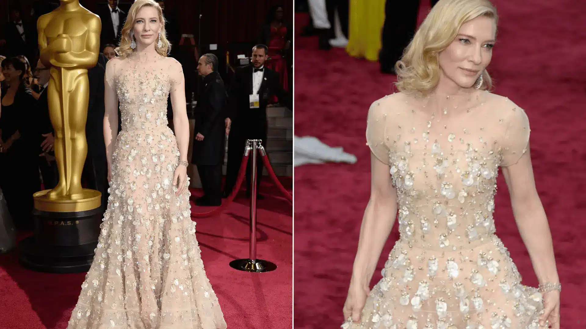 Cate Blanchett wearing an embellished nude Armani Privé gown on the red carpet at the 2014 Oscars.