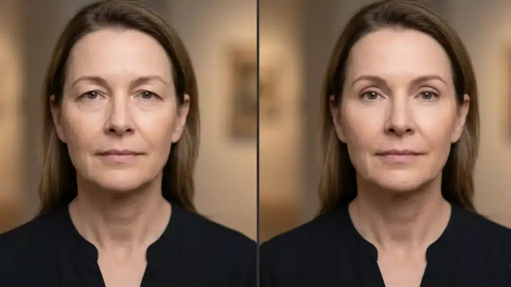split before-and-after comparison showing subtle, refreshed eyelid changes from blepharoplasty under consistent, neutral studio lighting