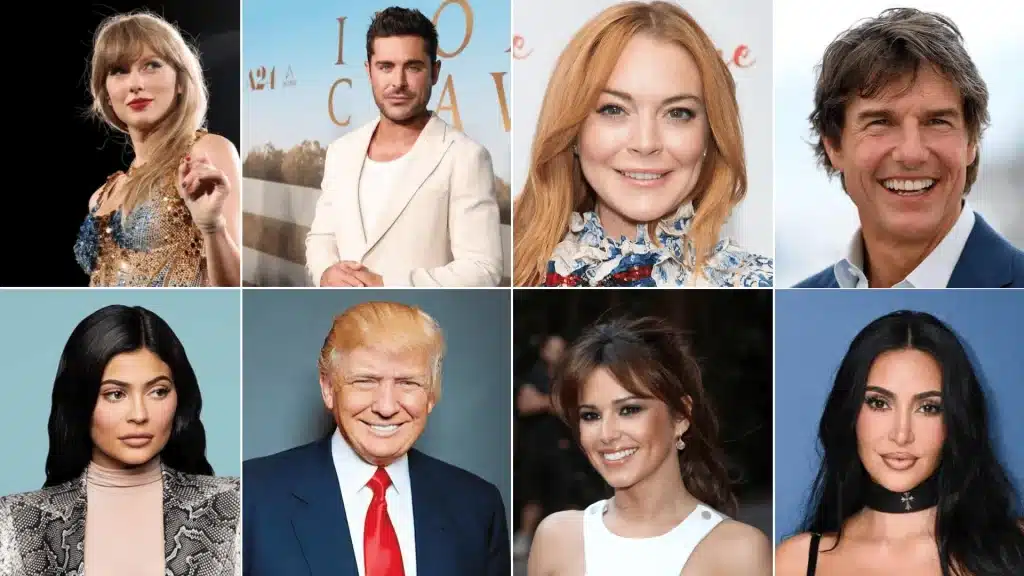 Collage of Taylor Swift, Zac Efron, Lindsay Lohan, Tom Cruise, Kylie Jenner, Donald Trump, Cheryl Cole, and Kim Kardashian