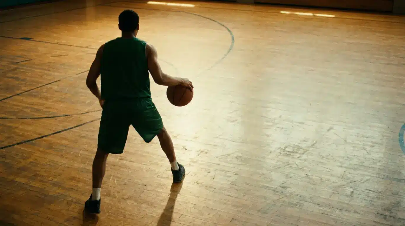 Basketball player in green uniform dribbling on wooden court with natural light