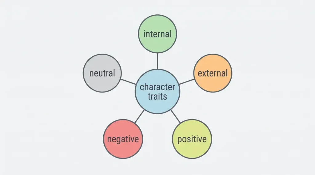 Diagram of character traits linked to internal, external, positive, negative, and neutral categories