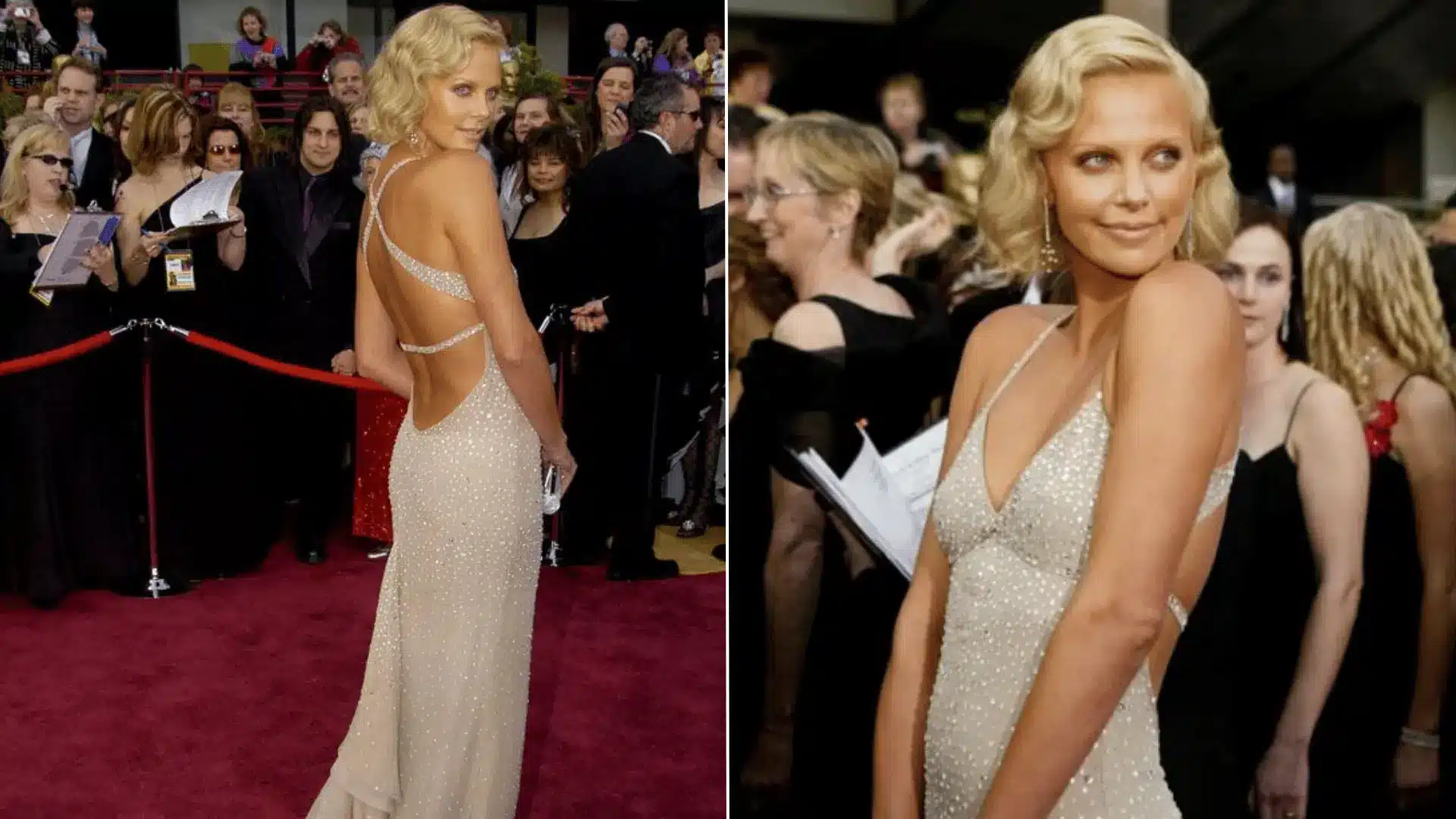 Charlize Theron wearing a shimmering gown by Gucci at Oscars 2004.