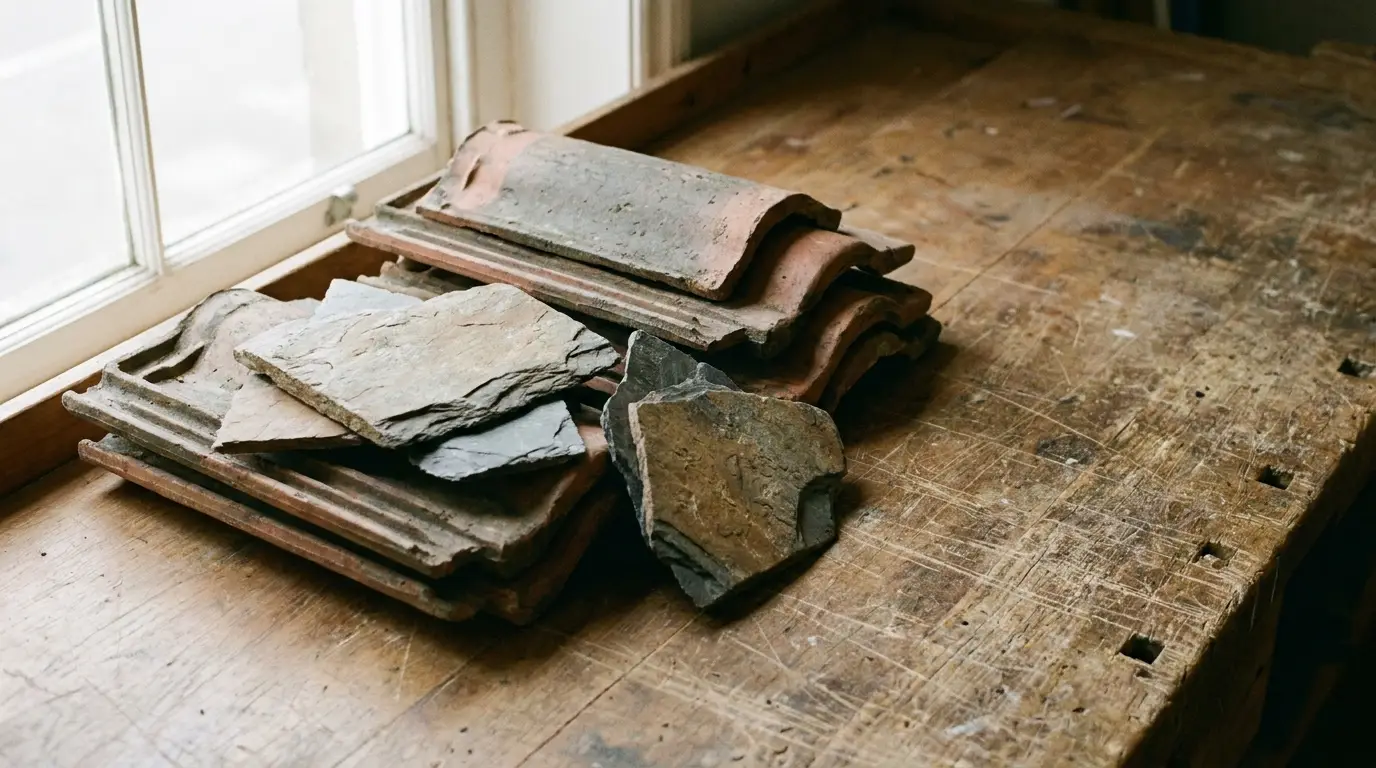 Stack of slate tiles and terracotta pieces on rustic wooden workbench near window