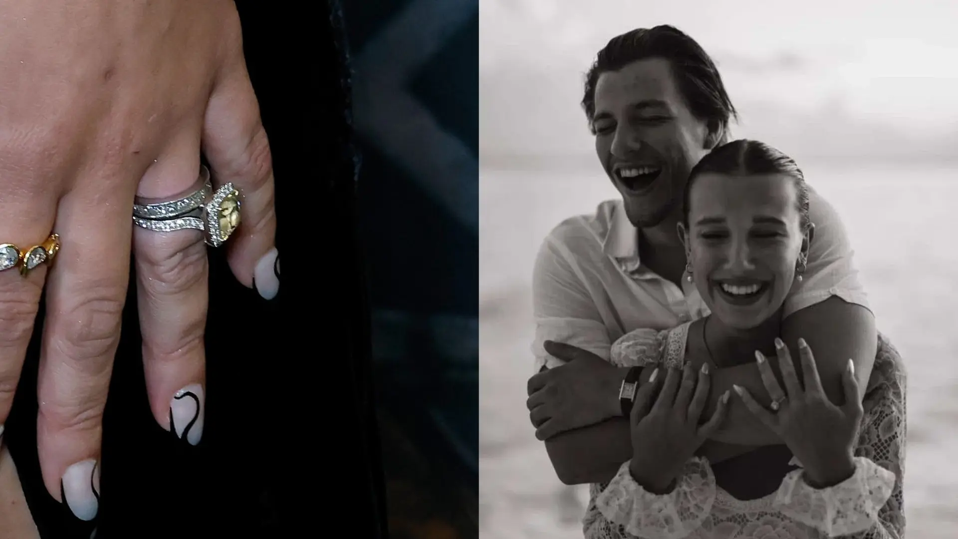 Close-up of Millie Bobby Brown's yellow cushion-cut diamond engagement ring with a pavé band, alongside a black-and-white photo of the couple smiling as she shows off the ring
