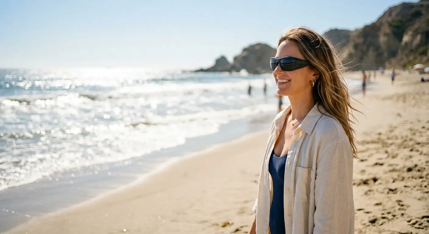 Woman wearing sunglasses smiling on a sunny beach with gentle waves in the background