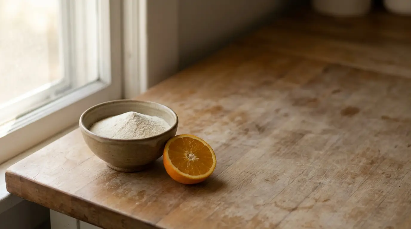 Bowl of flour and half an orange on wooden tabletop near window