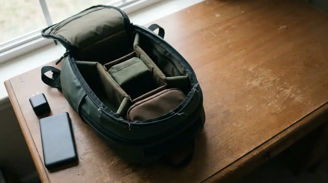 Camera backpack with compartments open on wooden desk near a battery and charger