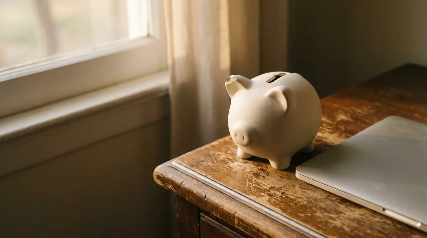 Piggy bank and laptop on wooden desk in warm natural light setting