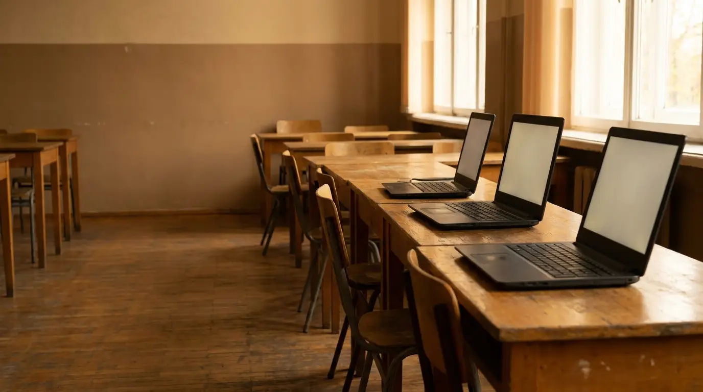 Laptops on wooden desks in classroom with natural light from windows