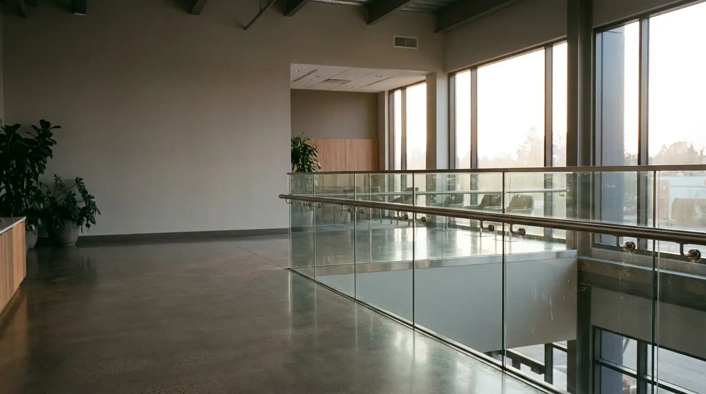 Spacious modern office interior with glass railings and large windows under natural light