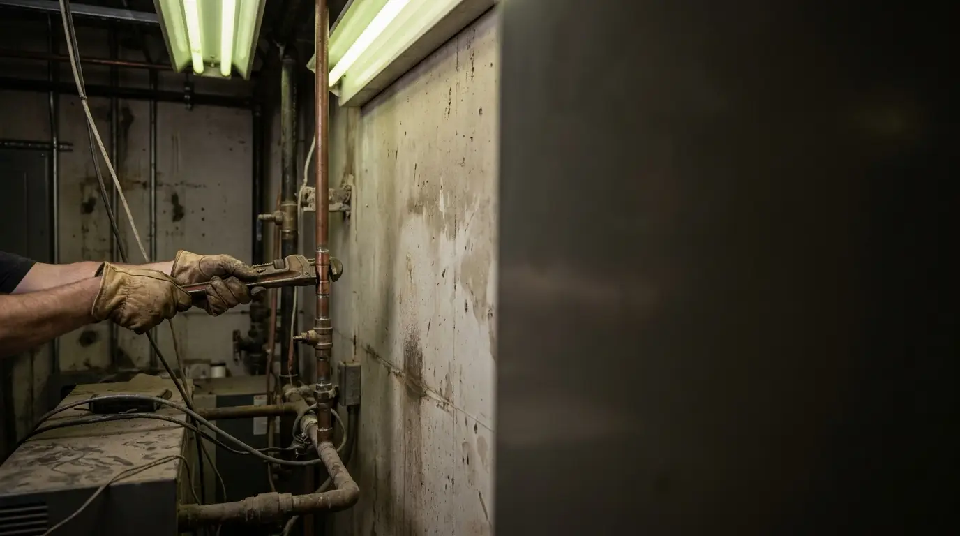 Worker tightening copper pipes with wrench in dimly lit industrial setting
