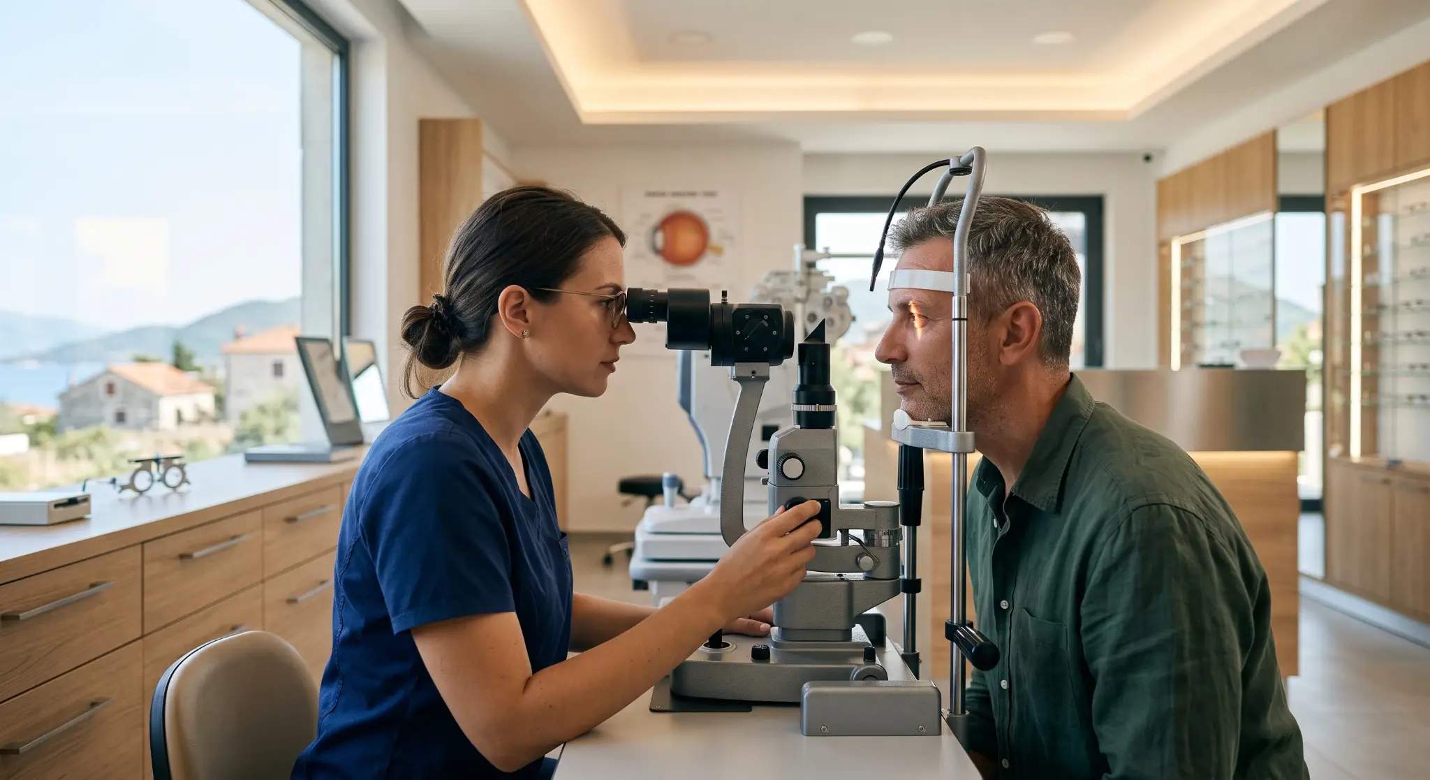 Optometrist examining patient's eyes with slit lamp in modern clinic with large windows