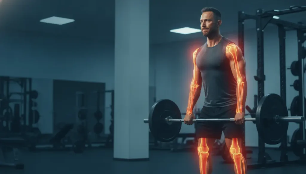 Man lifting barbell with glowing skeletal overlay in dimly lit gym setting