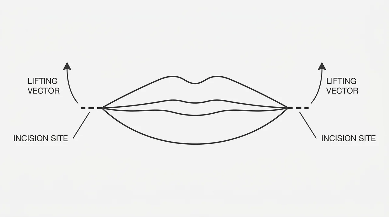 Diagram of small incisions at the outer mouth corners showing a corner lip lift.