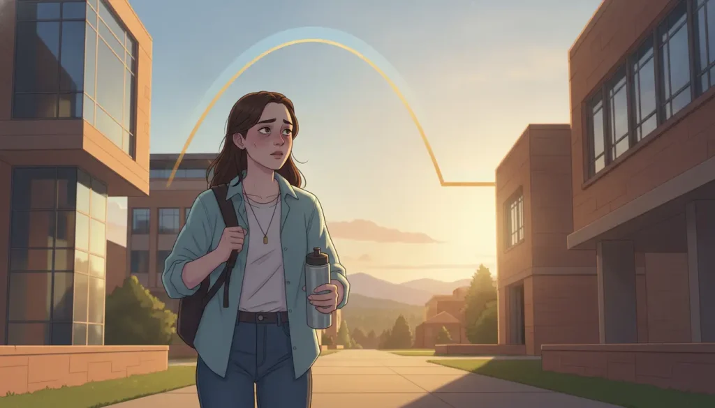 Young woman walking on campus at sunrise holding a water bottle and backpack