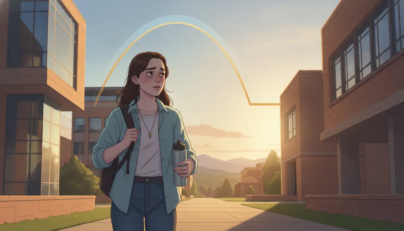 Young woman walking on campus at sunrise holding a water bottle and backpack