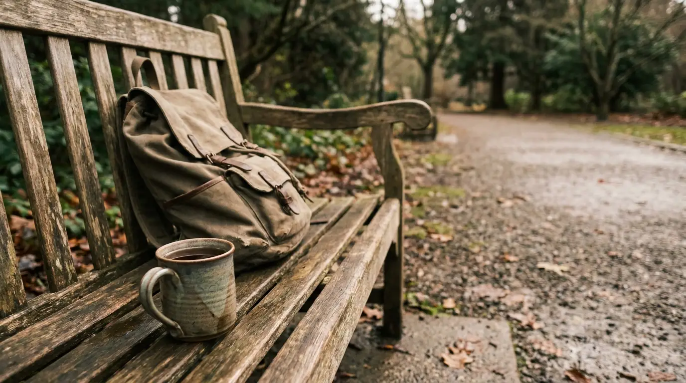 Backpack and ceramic mug on wooden bench in a forest setting with a path nearby