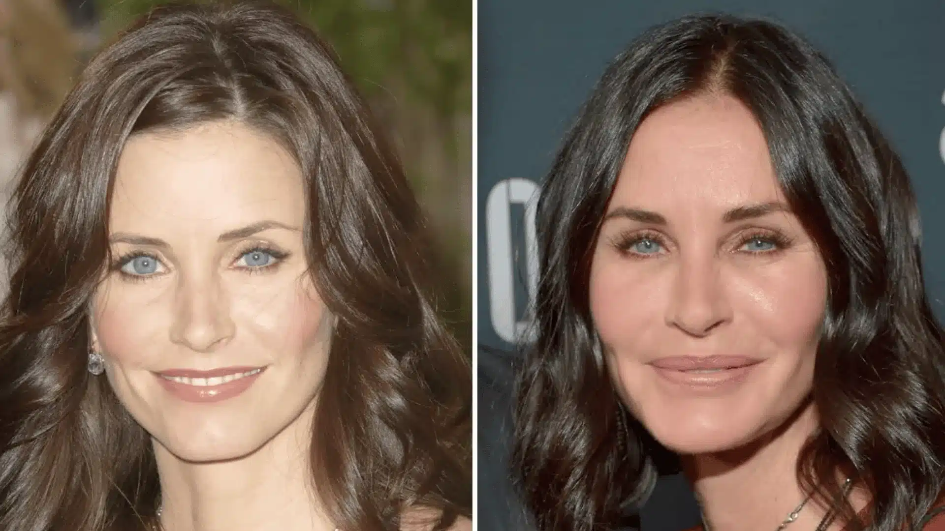 Courteney Cox before-and-after face comparison, showing her appearance in two different time periods.