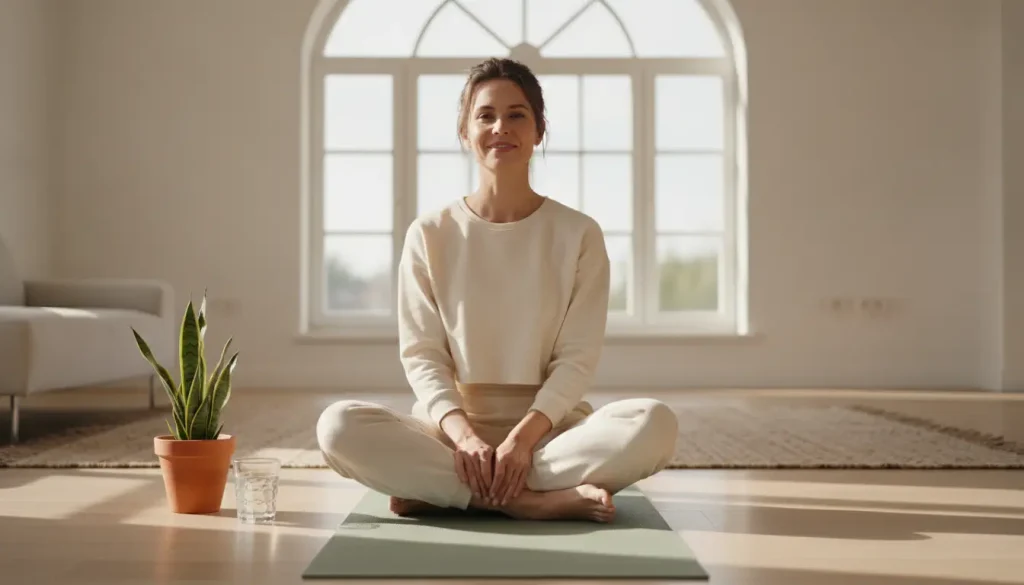 Yoga practitioner sitting cross-legged on mat in bright, minimalist room with potted plant
