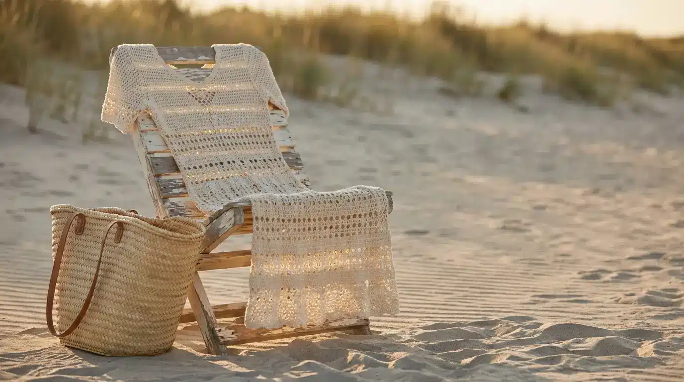 Crocheted dress draped over wooden lounge chair on sandy beach with woven straw tote