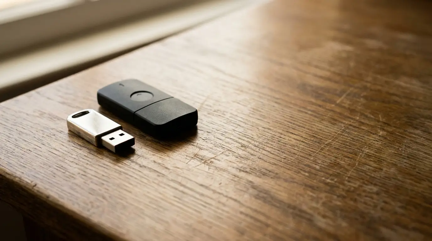 USB flash drive and black remote on wooden desk in natural light