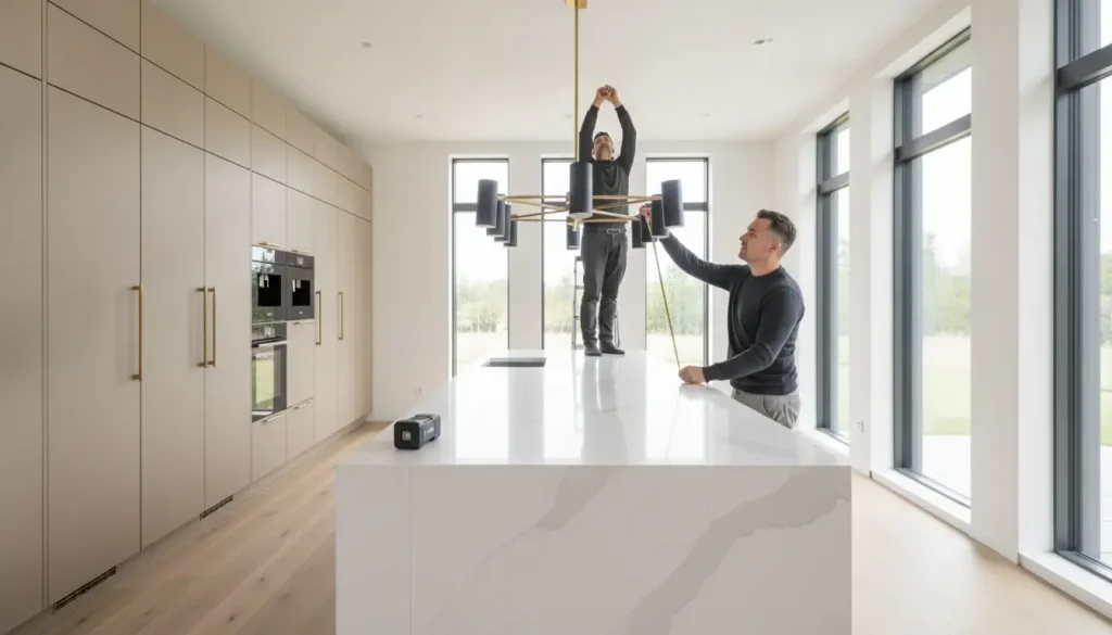 Two men installing a large modern chandelier in bright minimalist kitchen