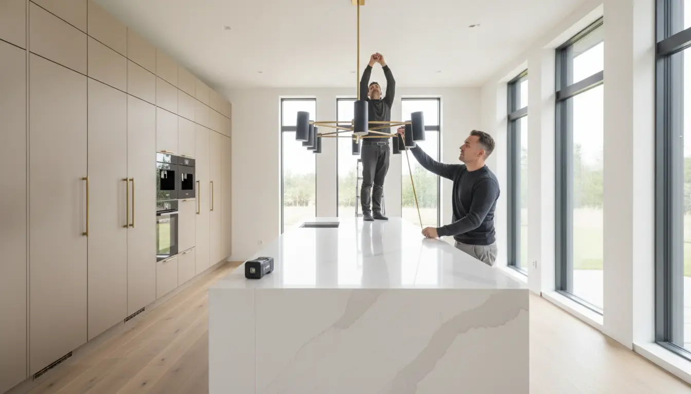 Two men installing a large modern chandelier in bright minimalist kitchen